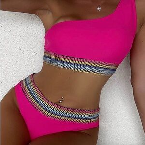 Swim suit Hot Pink bikini with one shoulder strap